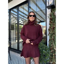 Zf Butik Kadın Bordo Pilise Etekli Triko Takım