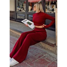 Zf Butik Kadın Bordo Crop Pantolon Takım Reglan Kesim Boru Paça