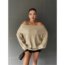 Zf Butik Gart Butik Degaje Madonna Yaka Fitilli Triko Kazak Bej