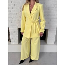 Zf Butik Kadın Kuşaklı Blazer Ceket Pantolon Takım Sarı Ikili Set
