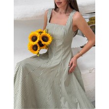 Zf Butik Kadın Kare Yaka Askılı Midi Boy Yazlık Elbise Haki