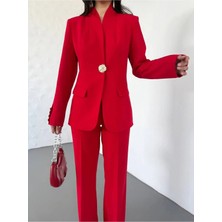 Zf Butik Kadın Blazer Ceket Pantolon Takım Tek Düğmeli Kırmızı Pamuklu