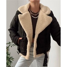 Zf Butik Siyah Kapitone Kıvırcıklı ( Peluşlu) Mont