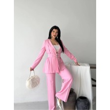 Zf Butik Kadın Kemerli Blazer Pantolon Ikili Takım Pembe