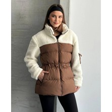 Zf Butik Kadın Puffer Mont Beli Lastikli Peluş Detaylı Kahverengi