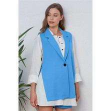 Zf Butik Kadın Boyfriend Yelek Mavi Yandan Bağlamalı Orta Kalın