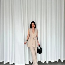 Zf Butik Kadın Belden Bağlamalı Dabıl Kumaş Takım Bej