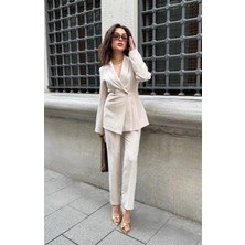 Zf Butik Kadın Ceket Pantolon Takım Pileli Kesim Bej