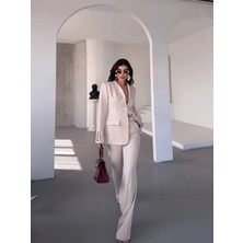 Zf Butik Kadın Bej Tek Düğmeli Blazer Ceket Pantolon Takım