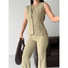 Zf Butik Kadın Haki Yırtmaçlı Düğmeli Yelek Pantolon Takım
