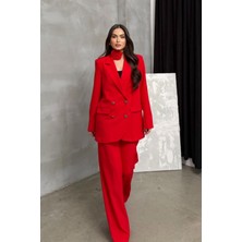 Zf Butik Kadın Ikili Blazer Ceket Pantolon Takım Aksesuar ve Düğme Detaylı Bol Paça