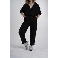 Zf Butik Kadın Oversize Keten Takım Siyah Alt-Üst Gömlek Pantolon