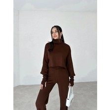 Zf Butik Kadın Yüksek Bel Triko Takım Parmak Geçmeli Kahverengi