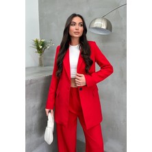 Zf Butik Kadın Blazer Ceket Kırmızı Rahat Kalıp Tek Düğmeli Astarlı