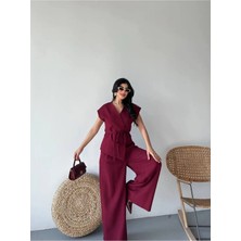 Zf Butik Kadın Bağlamalı Yelekli Takım Bordo