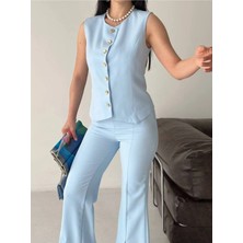 Zf Butik Kadın Yırtmaçlı Paça Düğmeli Yelek Pantolon Takım Bebek Mavisi