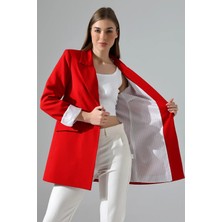 Zf Butik Kadın Blazer Ceket Kırmızı Tek Düğmeli Astarlı Midi Boy