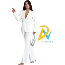 Zf Butik Beyaz Kadın Takım Elbise Kemerli Şal Yaka Blazer Ceket Boru Paça Pantolon