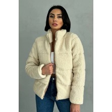 Zf Butik Kadın Şişme Mont Peluş Kabartma Teddy Kumaş Bej