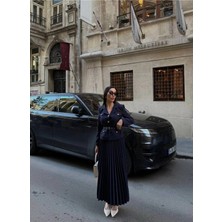 Zf Butik Kadın Lacivert Blazer Ceket ve Pliseli Etek Takım Kemerli