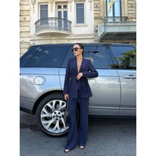 Zf Butik Kadın Blazer Ceket Pantolon Takım Kuşaklı Lacivert Ikili Set