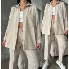 Zf Butik Kadın Bej Keten Gömlek Pantolon Ikili Takım Mom Kesim