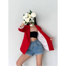 Zf Butik Bordo Kruvaze Yaka Düğmesiz Cepli Astarlı Katlanabilir Kol Blazer Ceket