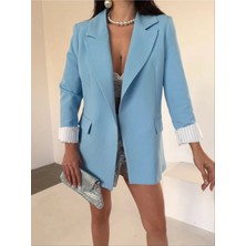 Zf Butik Kadın Mavi Astarlı Blazer Ceket Oversize Kesim Uzun Kollu