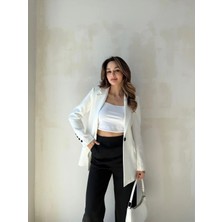 Zf Butik Kadın Beyaz Blazer Ceket Regular Kesim Çift Cepli