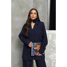 Zf Butik Kadın Gül Aksesuarlı Lacivert Ceket Pantolon Takım