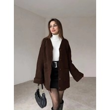 Zf Butik Kadın Uzun Triko Hırka Kahverengi Düğmeli Bağcıklı