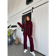 Zf Butik Bordo Saç Örgülü Atkılı Takım - Şık ve Sıcak