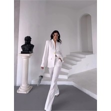 Zf Butik Kadın Beyaz Tek Düğmeli Blazer Ceket Pantolon Takım