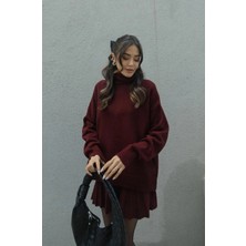 Zf Butik Kadın Bordo Pileli Mini Etek Balıkçı Yaka Triko Takım