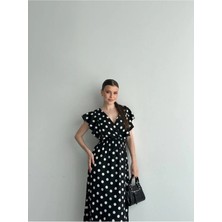 Zf Butik Puantiye Desenli Kruvaze Yaka Midi Elbise Siyah