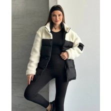 Zf Butik Kadın Peluş Detaylı Beli Lastikli Puffer Mont Siyah