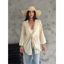 Zf Butik Kadın Keten Kimono Gömlek Taş Uzun Kollu