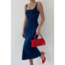 Zf Butik Kadın Koyu Mavi Denim Askılı Midi Elbise Slim Fit Düğmeli Kapama Yırtmaç Detaylı