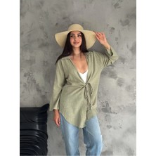 Zf Butik Kadın Haki Keten Kimono Gömlek Bisiklet Yaka Regular Kesim