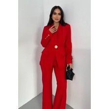 Zf Butik Kadın Blazer Ceket Takım Kırmızı Gold Düğmeli
