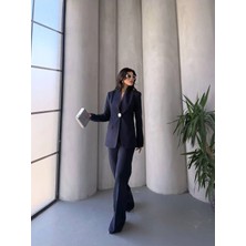 Zf Butik Kadın Koyu Lacivert Tek Düğmeli Blazer Ceket Pantolon Takım