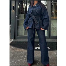 Zf Butik Kadın Denim Ceket Etek Takım Lacivert Kuşaklı