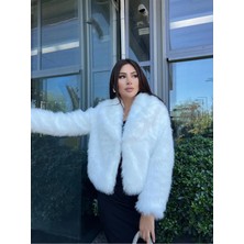 Zf Butik Beyaz Şal Yaka Suni Kürk Mont Kadın Içi Astarlı