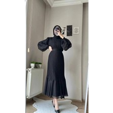 Zf Butik Siyah Piliseli Balon Kol Şifon Tesettür Elbise Uzun