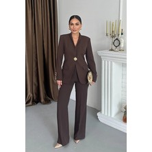 Zf Butik Kadın Blazer Ceket Takım Kahverengi Gold Düğmeli