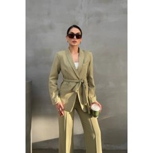 Zf Butik Kadın Oversize Kemerli Ceket Palazzo Pantolon Takım Yeşil