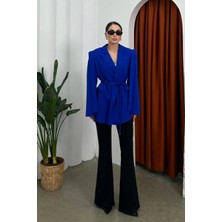 Zf Butik Kadın Oversize Blazer Ceket Saks Mavisi Kuşaklı Omuz Detaylı