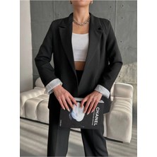 Zf Butik Kadın Blazer Ceket Siyah Astarlı Kol Içi Çizgili Katlama Detaylı