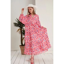 Zf Butik Pembe Oversize Hakim Yaka Düğmeli Desen Elbise