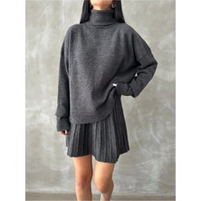 Zf Butik Kadın Pilise Etekli Triko Takım Antrasit